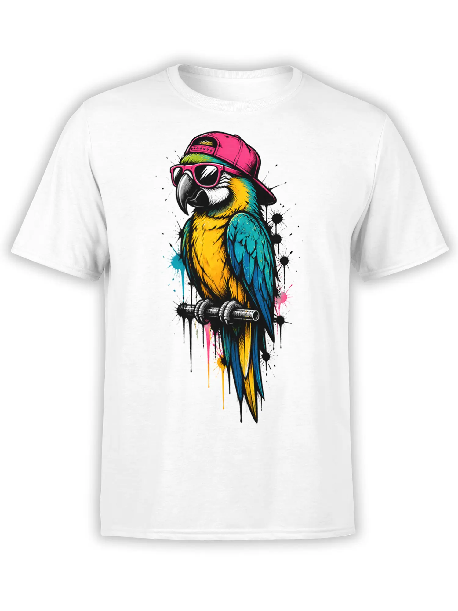 Colorful parrot wearing pink sunglasses and a backward cap on a white T-shirt