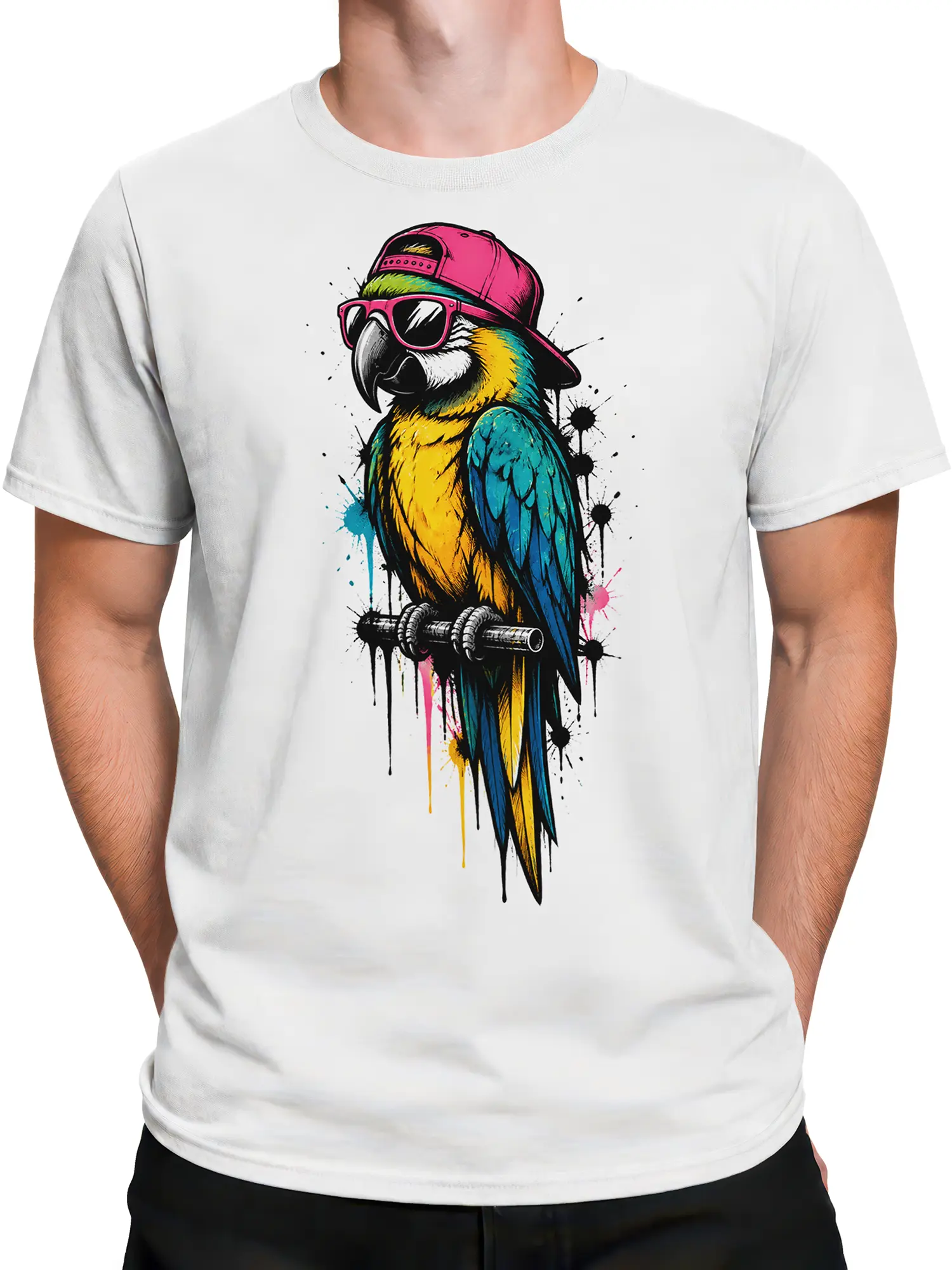 Male torso wearing a white T-shirt with a colorful parrot graphic