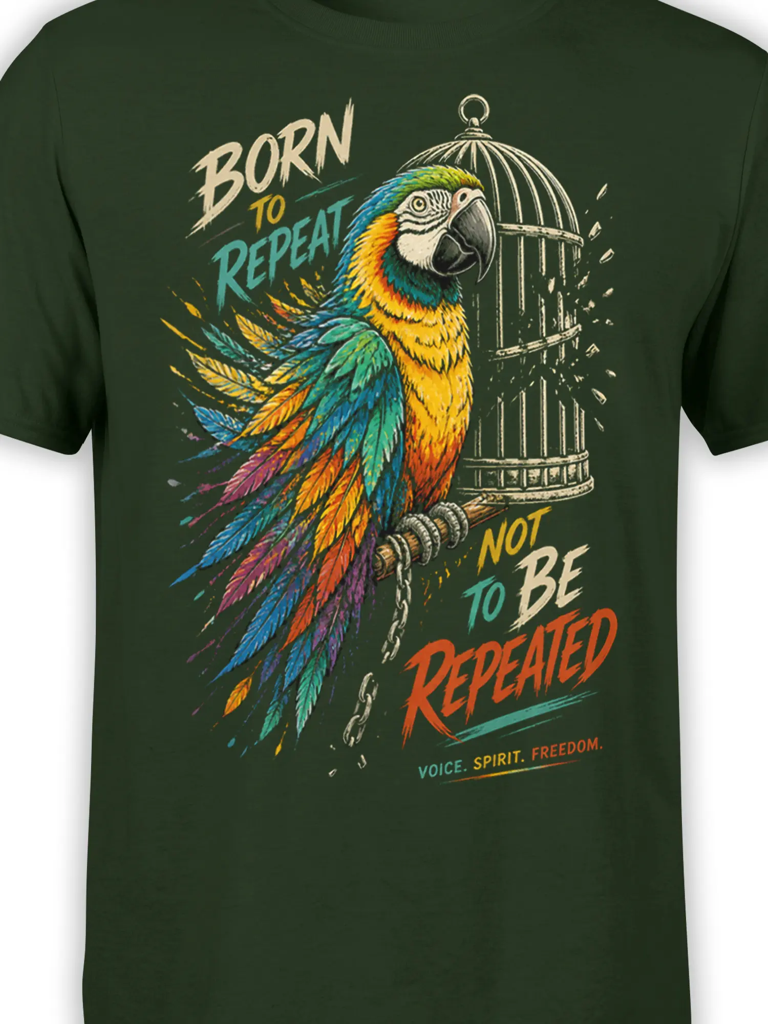 Close-up of colorful macaw feathers, broken cage, and freedom message on green parrot T-shirt