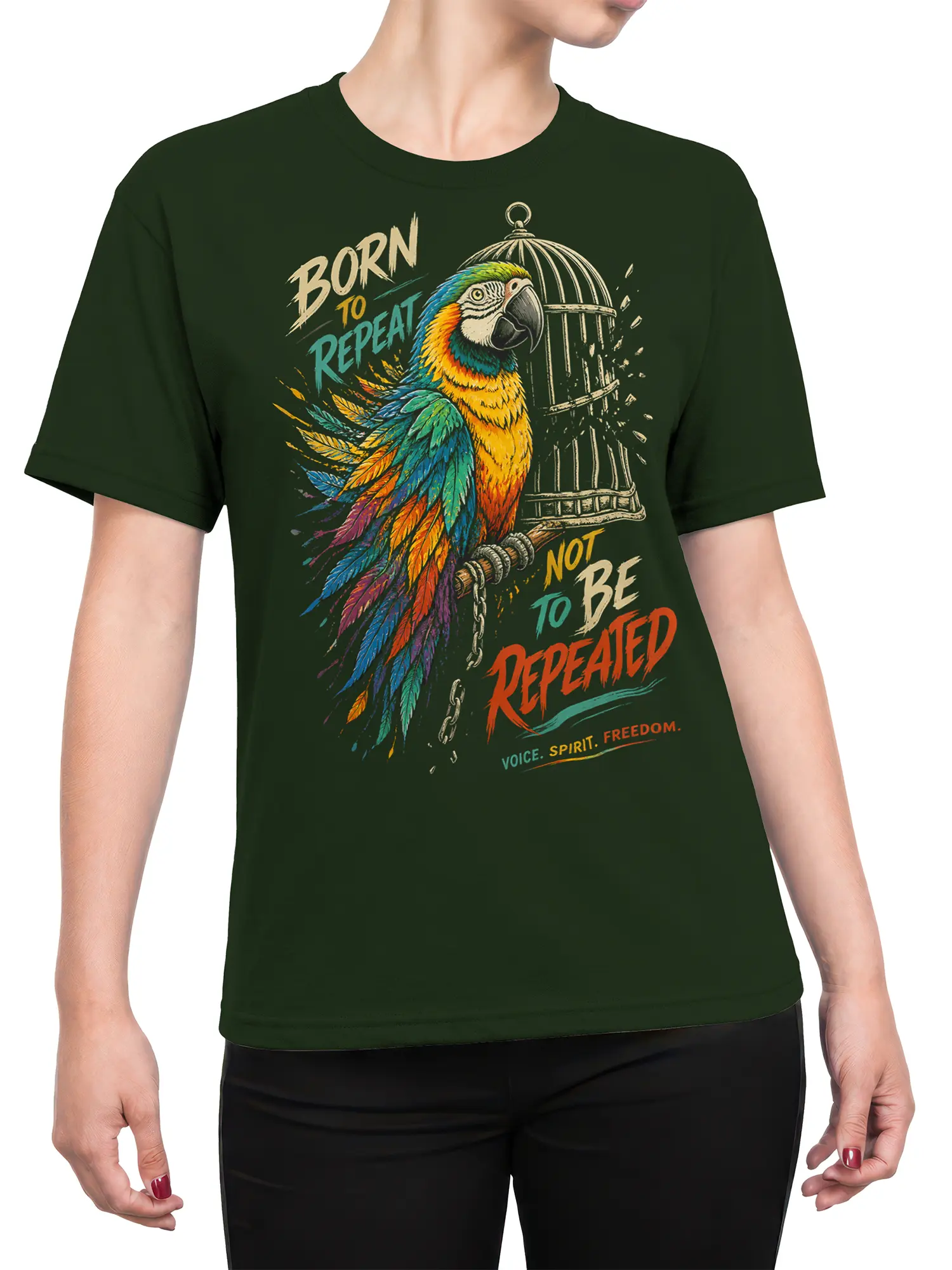 Female torso wearing green macaw T-shirt with colorful bird and broken cage freedom design