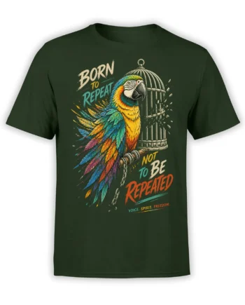 Colorful macaw breaking from a birdcage on a green T-shirt with bold freedom lettering