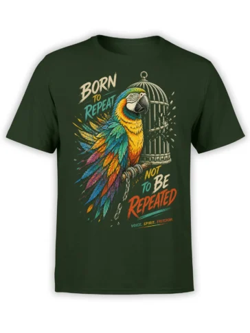 Colorful macaw breaking from a birdcage on a green T-shirt with bold freedom lettering