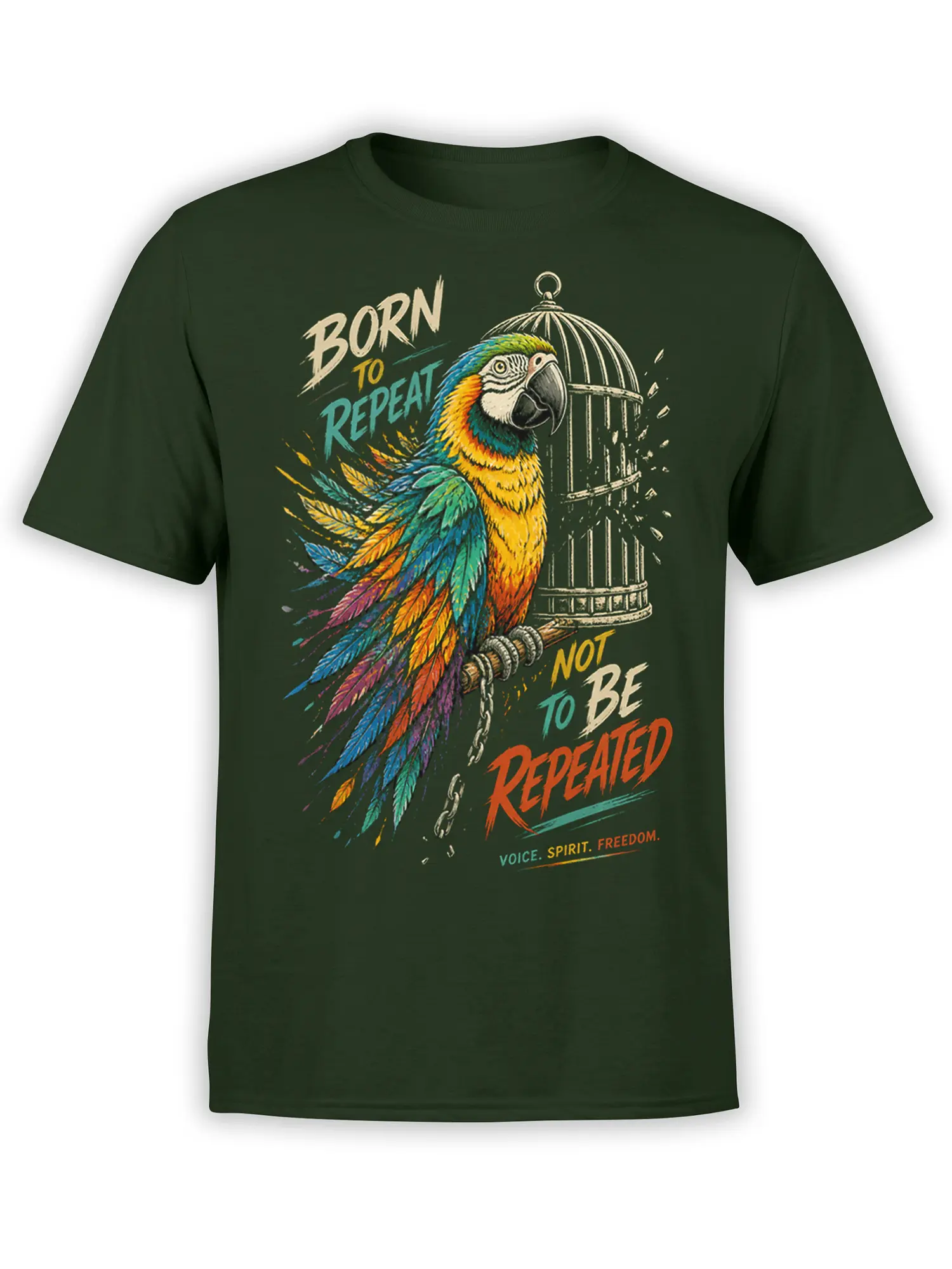Colorful macaw breaking from a birdcage on a green T-shirt with bold freedom lettering
