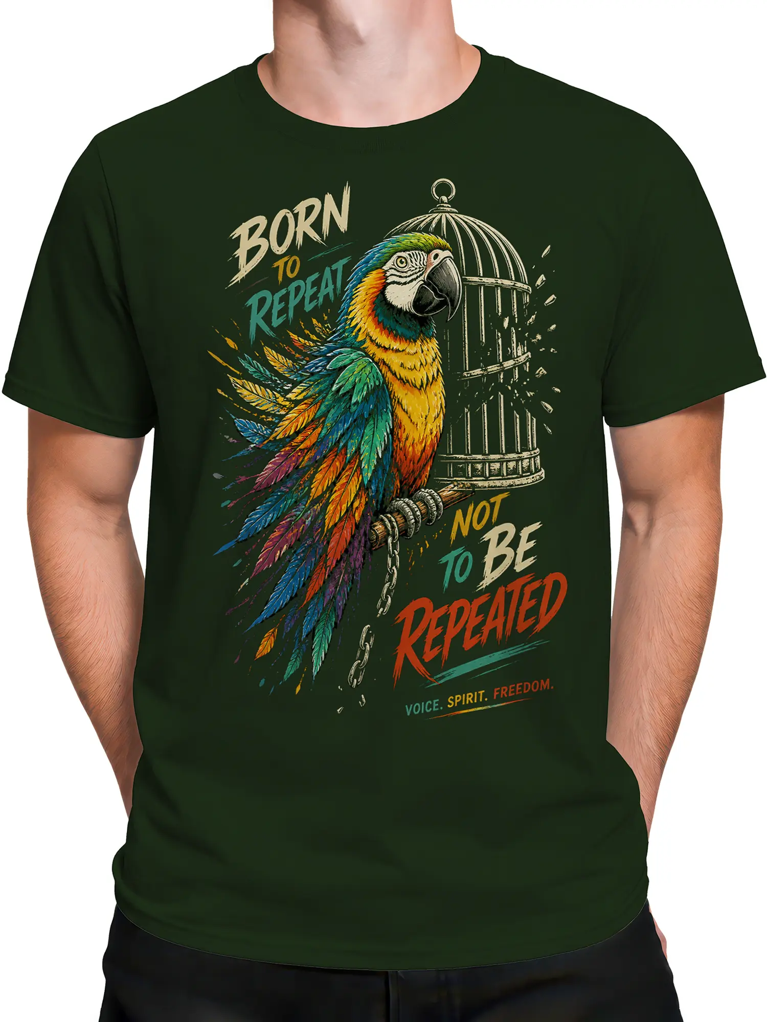 Male torso wearing green parrot T-shirt with colorful macaw and bold freedom artwork