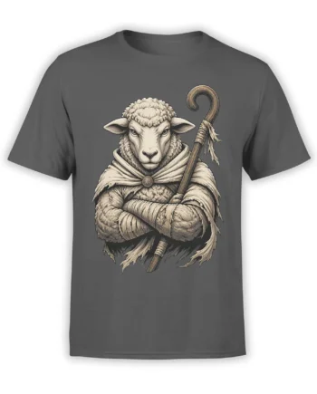 Gray T-shirt featuring a stern sheep warrior in a hooded cloak holding a wooden staff