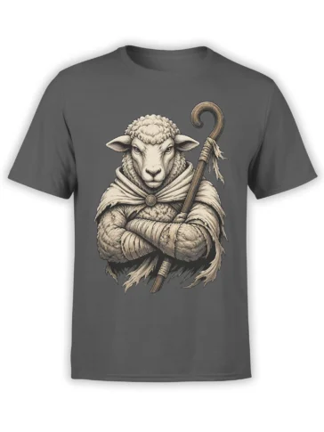 Gray T-shirt featuring a stern sheep warrior in a hooded cloak holding a wooden staff