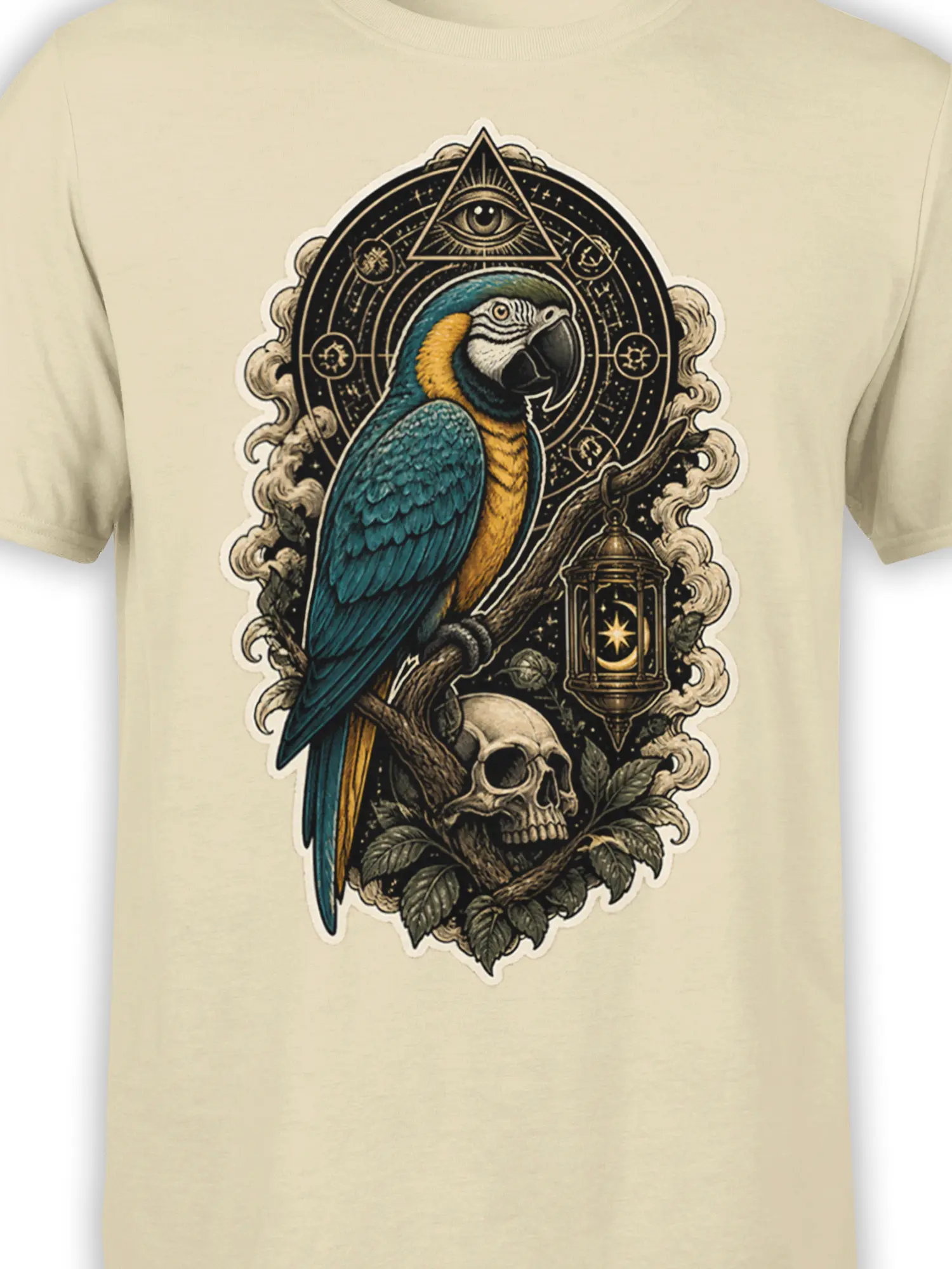 Close-up of blue-and-yellow parrot artwork with skull, lantern, cosmic eye, and celestial details