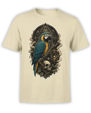 Blue-and-yellow parrot with skull, lantern, cosmic eye, and celestial symbols on a beige T-shirt