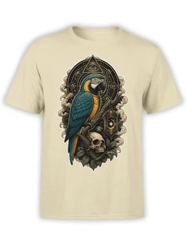 Blue-and-yellow parrot with skull, lantern, cosmic eye, and celestial symbols on a beige T-shirt
