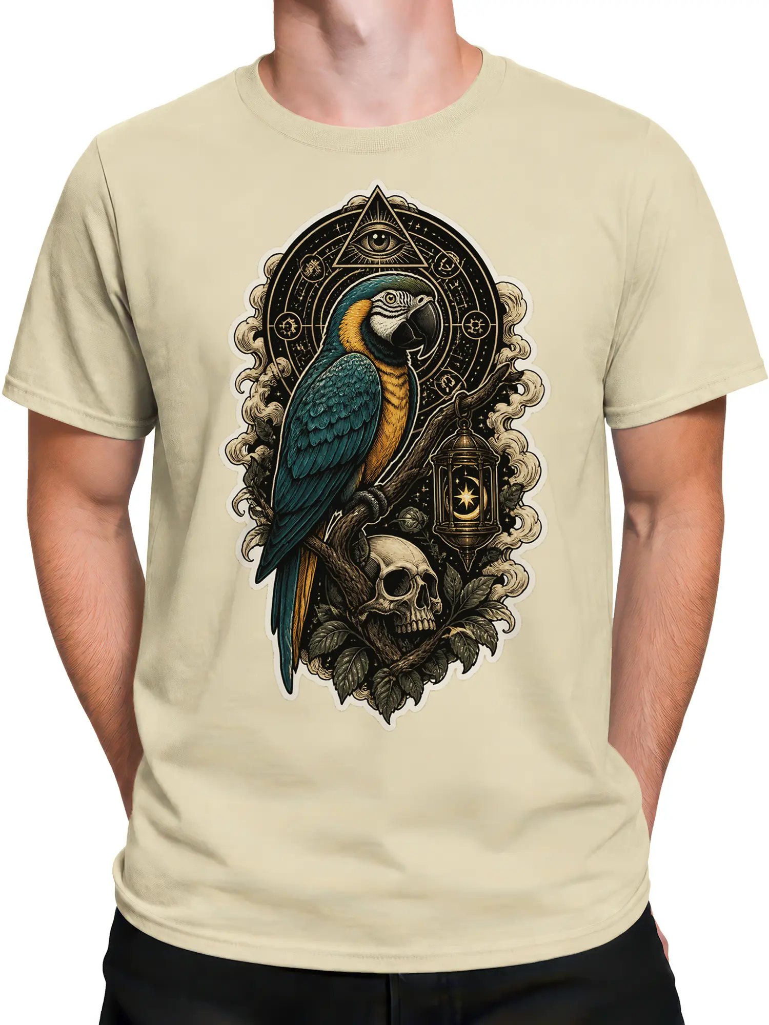 Male torso wearing a beige T-shirt with blue-and-yellow parrot and vintage occult artwork