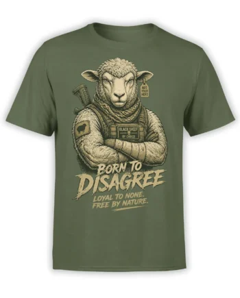 Rebellious sheep in tactical gear on a green T-shirt with “Born to Disagree” lettering