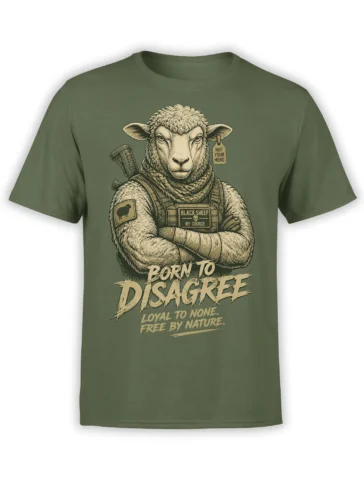 Rebellious sheep in tactical gear on a green T-shirt with “Born to Disagree” lettering