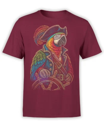 Colorful pirate parrot captain wearing a feathered hat and coat at a ship’s wheel on a burgundy T-shirt