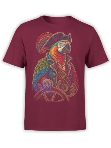 Colorful pirate parrot captain wearing a feathered hat and coat at a ship’s wheel on a burgundy T-shirt