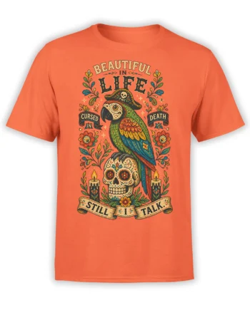 Orange T-shirt with a colorful pirate parrot, floral sugar skull, candles, and vintage banners