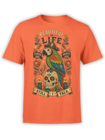Orange T-shirt with a colorful pirate parrot, floral sugar skull, candles, and vintage banners