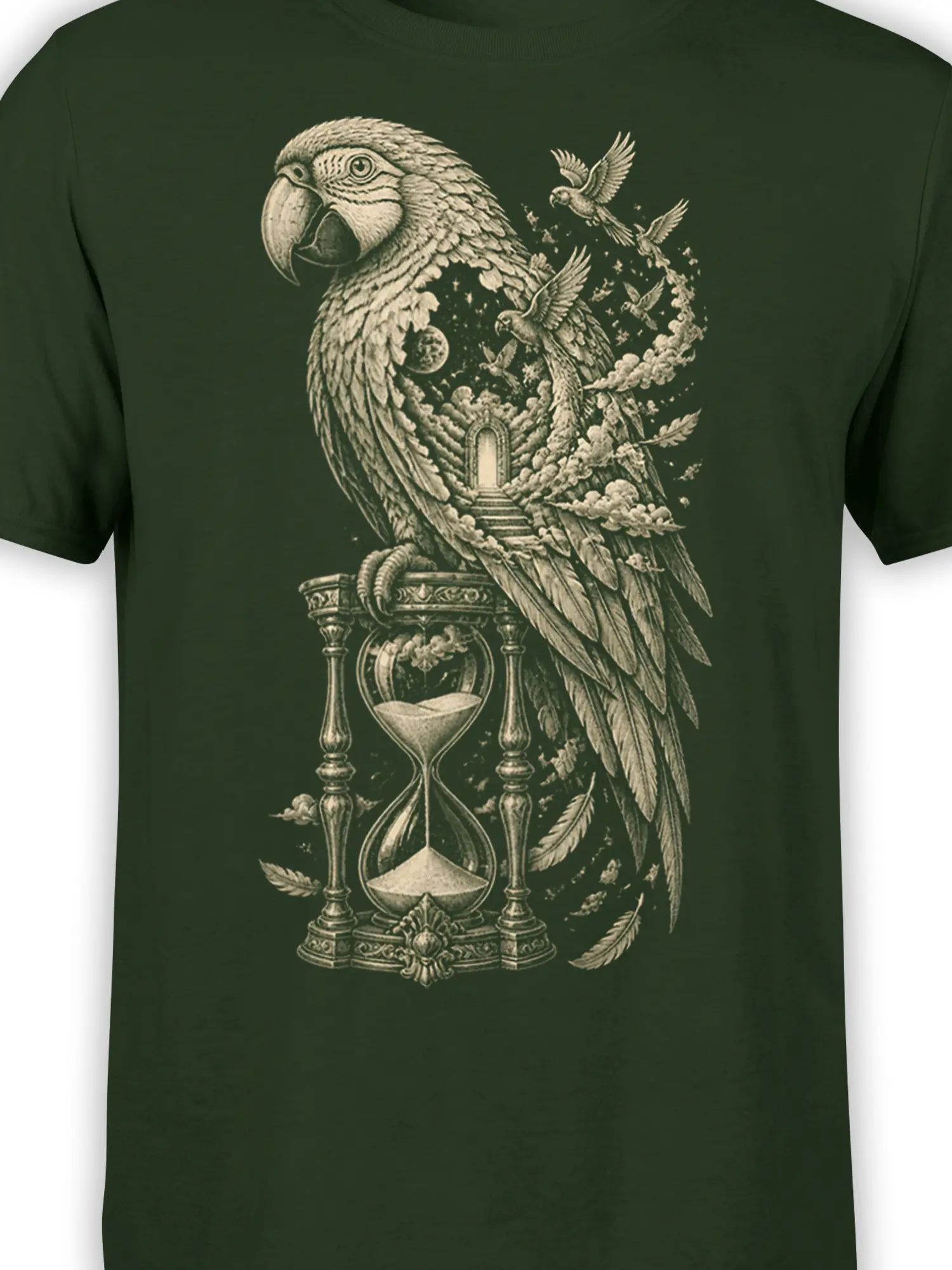 Close-up of parrot, hourglass, moon, and fantasy doorway artwork on a dark green T-shirt