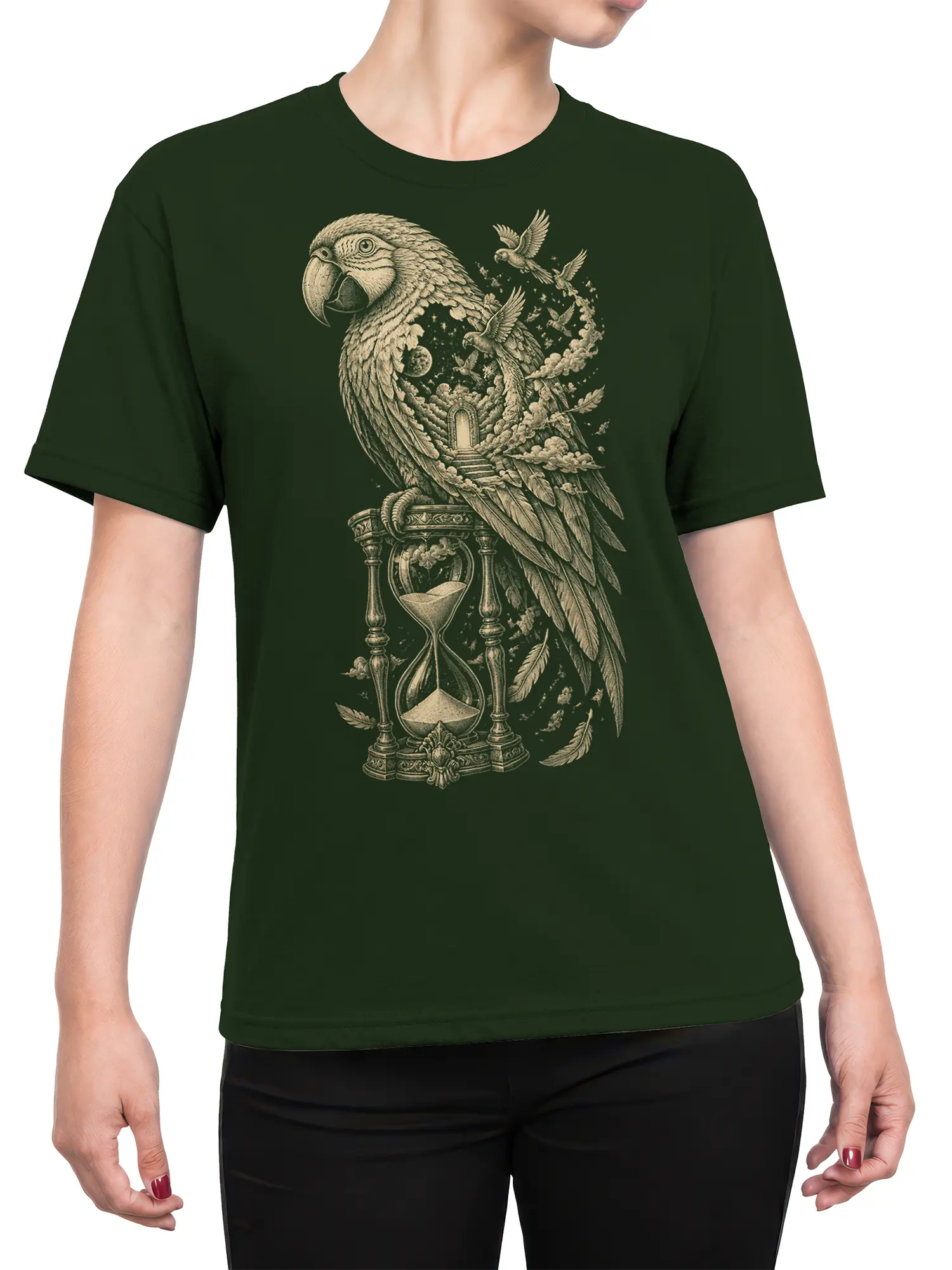 Female torso wearing a dark green T-shirt with vintage parrot and hourglass fantasy artwork