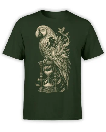 Vintage parrot fantasy artwork with an hourglass and flying birds on a dark green T-shirt