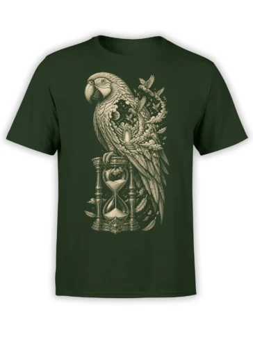 Vintage parrot fantasy artwork with an hourglass and flying birds on a dark green T-shirt