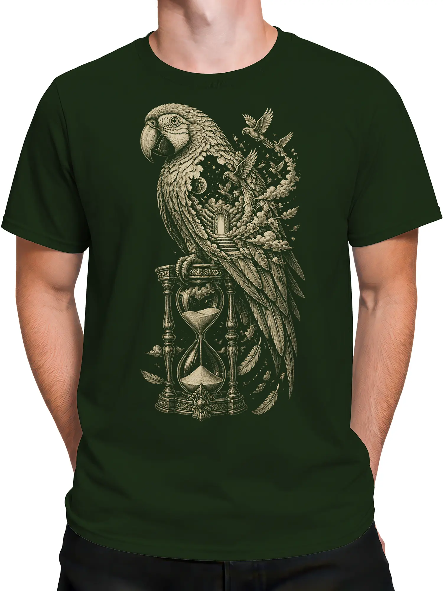 Male torso wearing a dark green T-shirt with detailed vintage parrot fantasy artwork