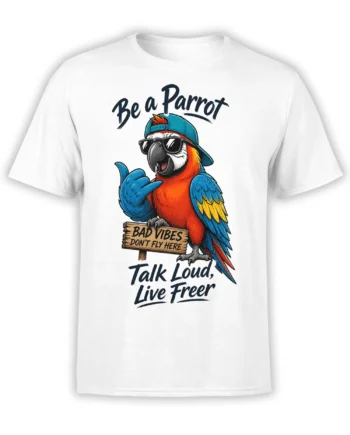 Colorful parrot in sunglasses and a blue cap on a white T-shirt with a bold free-spirit slogan