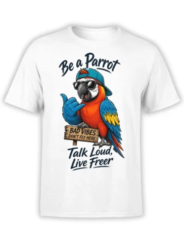 Colorful parrot in sunglasses and a blue cap on a white T-shirt with a bold free-spirit slogan