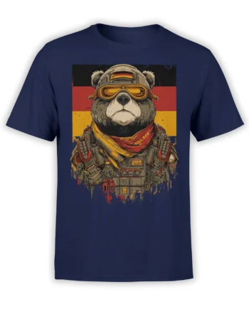 Iron Bear military bear graphic with aviator goggles and rugged gear on a navy T-shirt