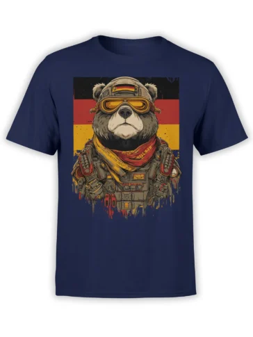 Iron Bear military bear graphic with aviator goggles and rugged gear on a navy T-shirt