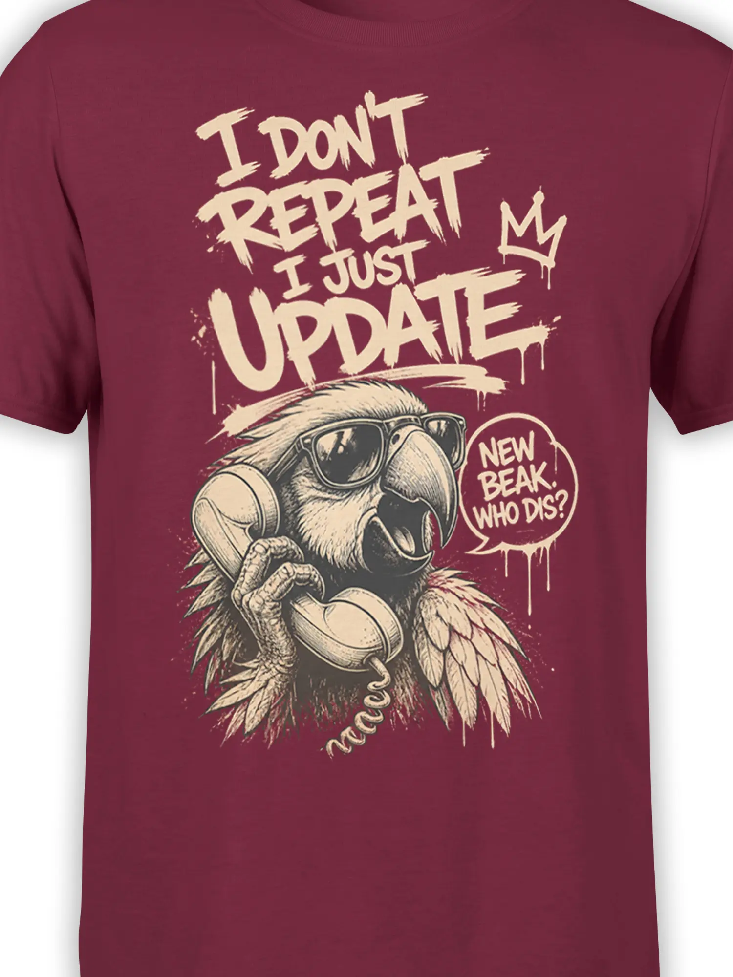 Close-up of parrot with sunglasses and headphones on maroon T-shirt with cream lettering