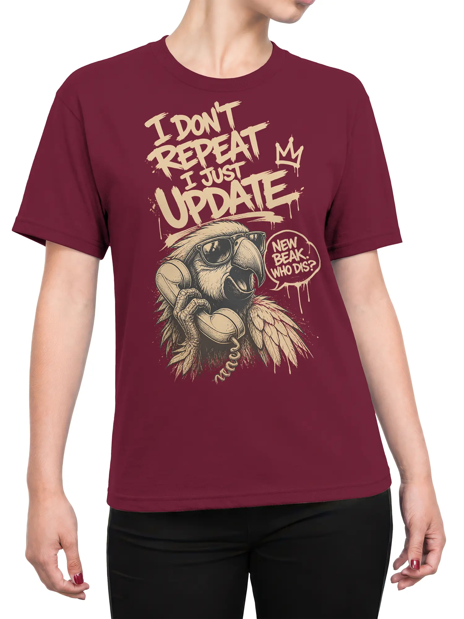 Female torso wearing maroon parrot T-shirt with sunglasses, headphones, and vintage cream graphic