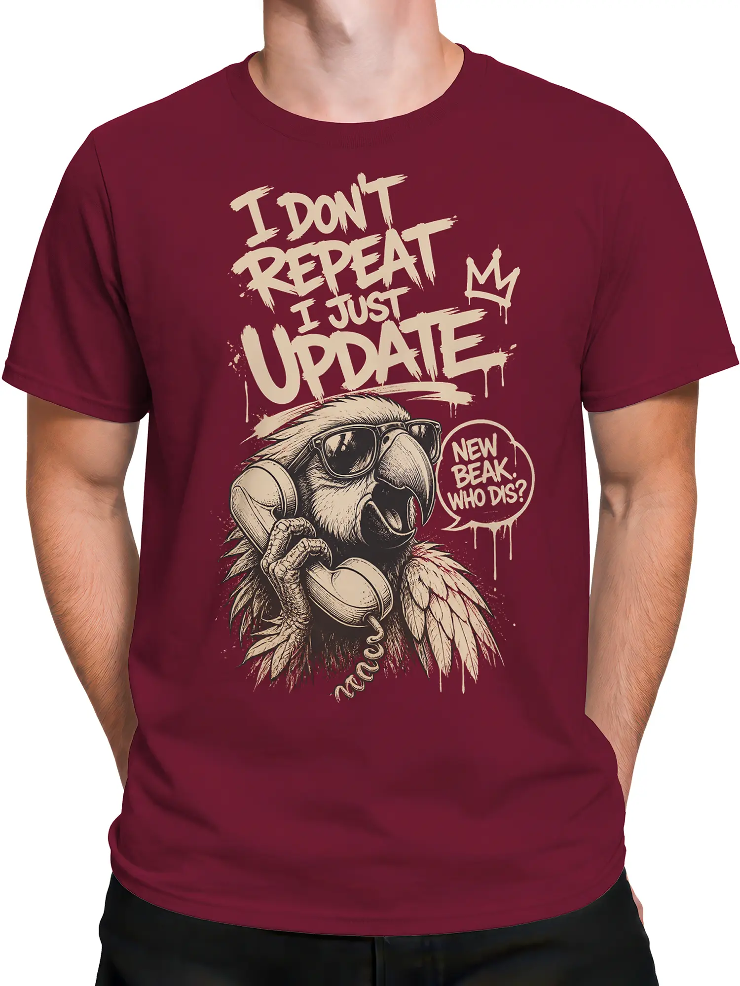 Male torso wearing maroon parrot T-shirt with vintage sunglasses and headphones artwork