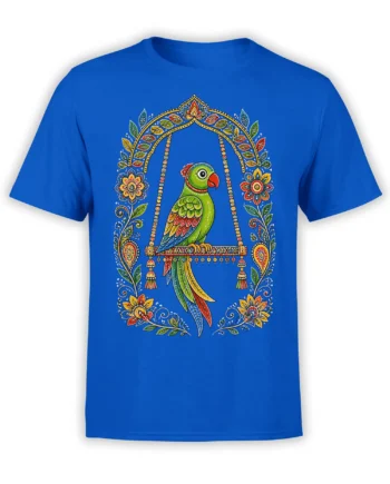 Blue T-shirt with a colorful green parrot, floral arch, hanging beads, and decorative botanical artwork