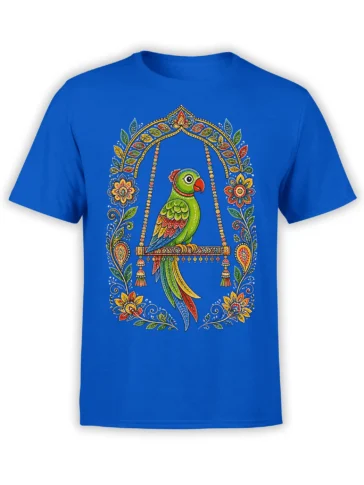 Blue T-shirt with a colorful green parrot, floral arch, hanging beads, and decorative botanical artwork