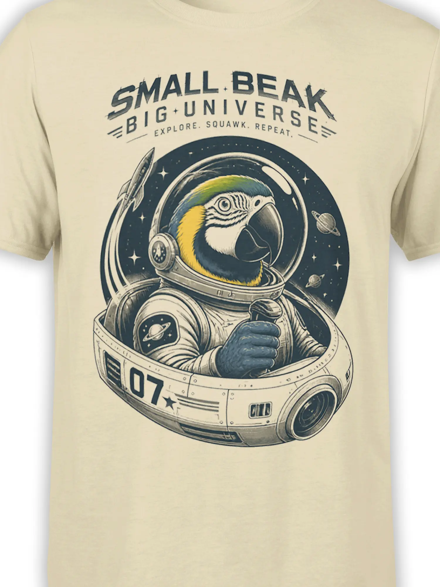 Close-up of parrot astronaut artwork with planets, stars, and vintage space lettering on beige fabric