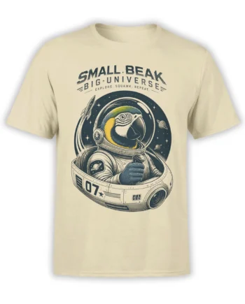 Beige parrot astronaut T-shirt with planets, stars, and “Small Beak + Big Universe” artwork