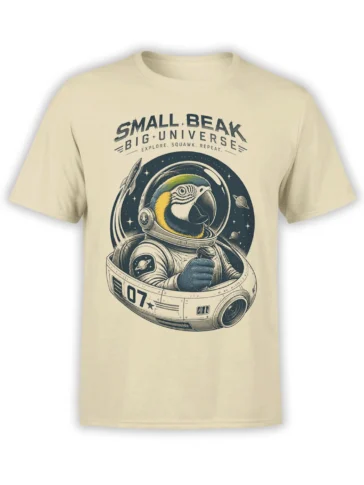 Beige parrot astronaut T-shirt with planets, stars, and “Small Beak + Big Universe” artwork