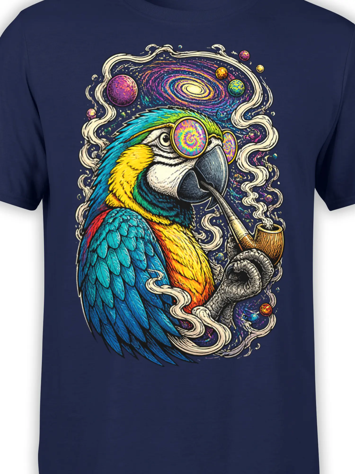 Close-up of colorful parrot feathers, cosmic glasses, pipe, and galaxy artwork on navy fabric