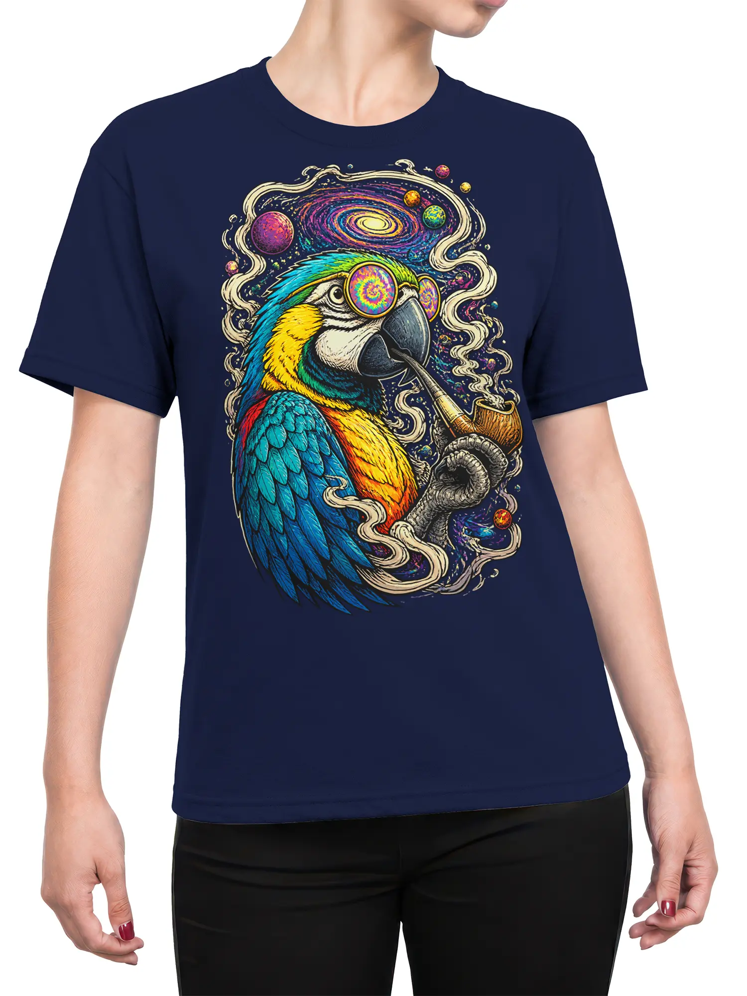 Female torso wearing a navy T-shirt with colorful cosmic parrot and galaxy artwork