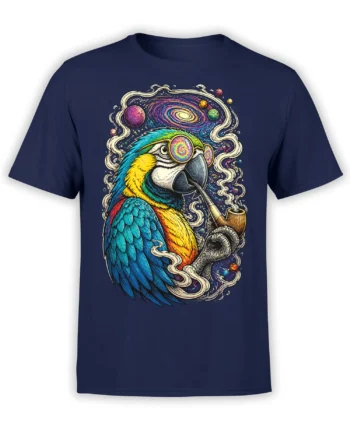 Colorful cosmic parrot with a pipe and galaxy artwork on a navy T-shirt