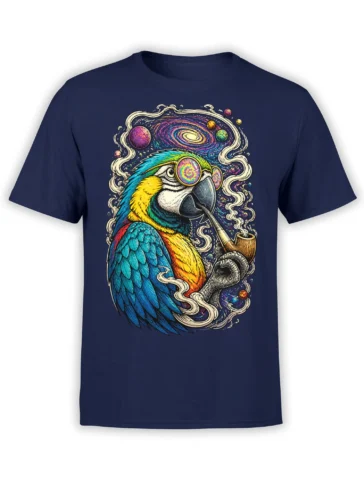Colorful cosmic parrot with a pipe and galaxy artwork on a navy T-shirt