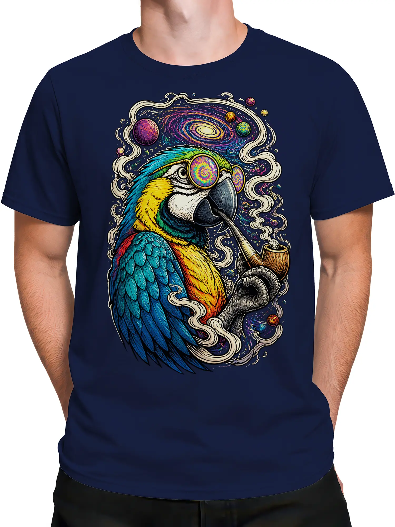 Male torso wearing a navy T-shirt with colorful cosmic parrot and galaxy artwork