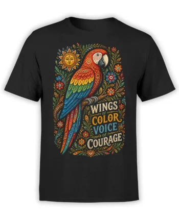 colorful parrot with flowers, sun, and Wings of Color Voice of Courage design on a gray T-shirt