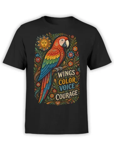 colorful parrot with flowers, sun, and Wings of Color Voice of Courage design on a gray T-shirt