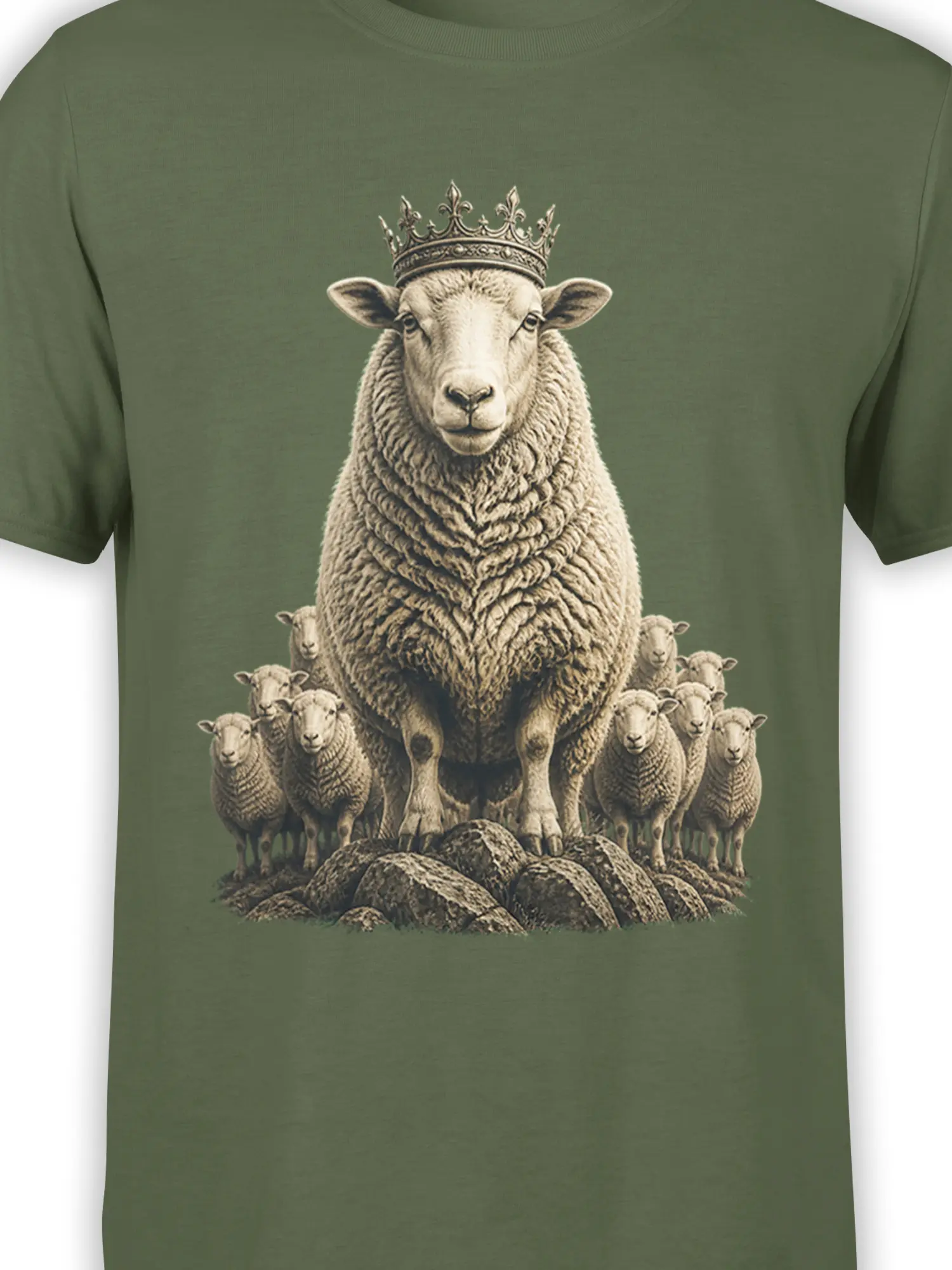 Close-up of crowned sheep and flock artwork printed in cream and brown on a muted green T-shirt