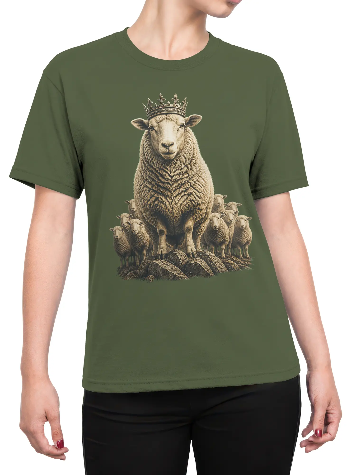 Female torso wearing a muted green T-shirt with a crowned sheep and flock graphic in a rustic style