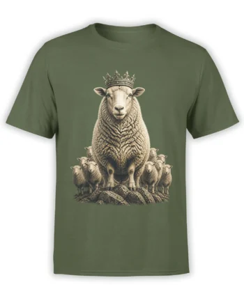 Crowned sheep leading a flock in a detailed cream and brown illustration on a muted green T-shirt