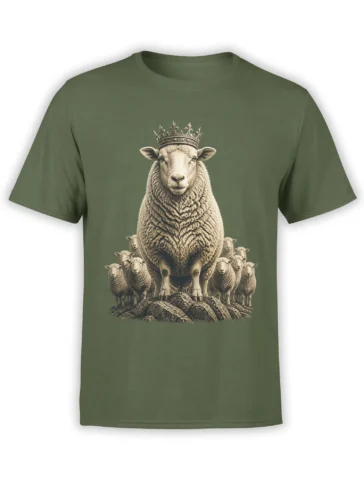 Crowned sheep leading a flock in a detailed cream and brown illustration on a muted green T-shirt