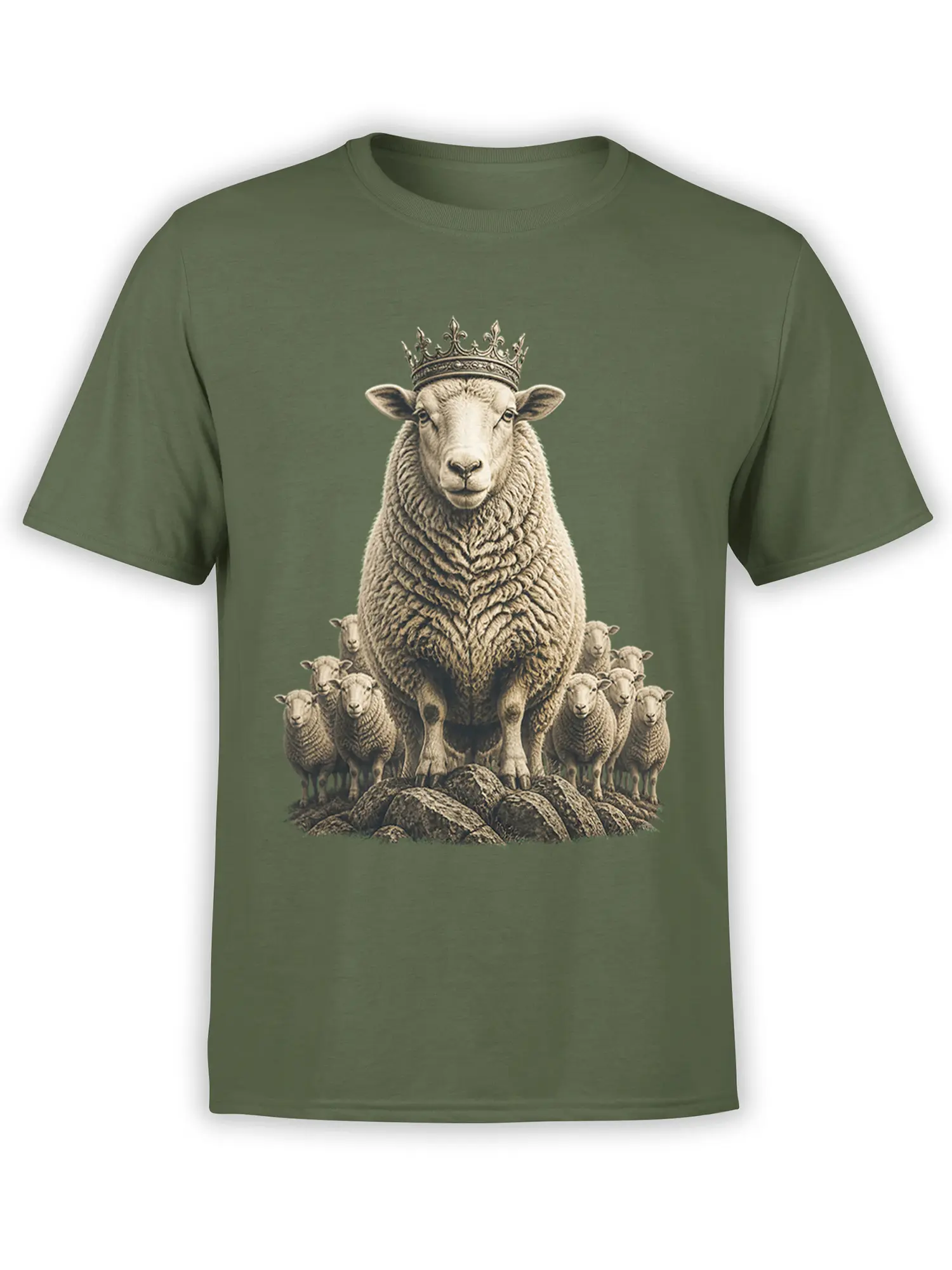 Crowned sheep leading a flock in a detailed cream and brown illustration on a muted green T-shirt