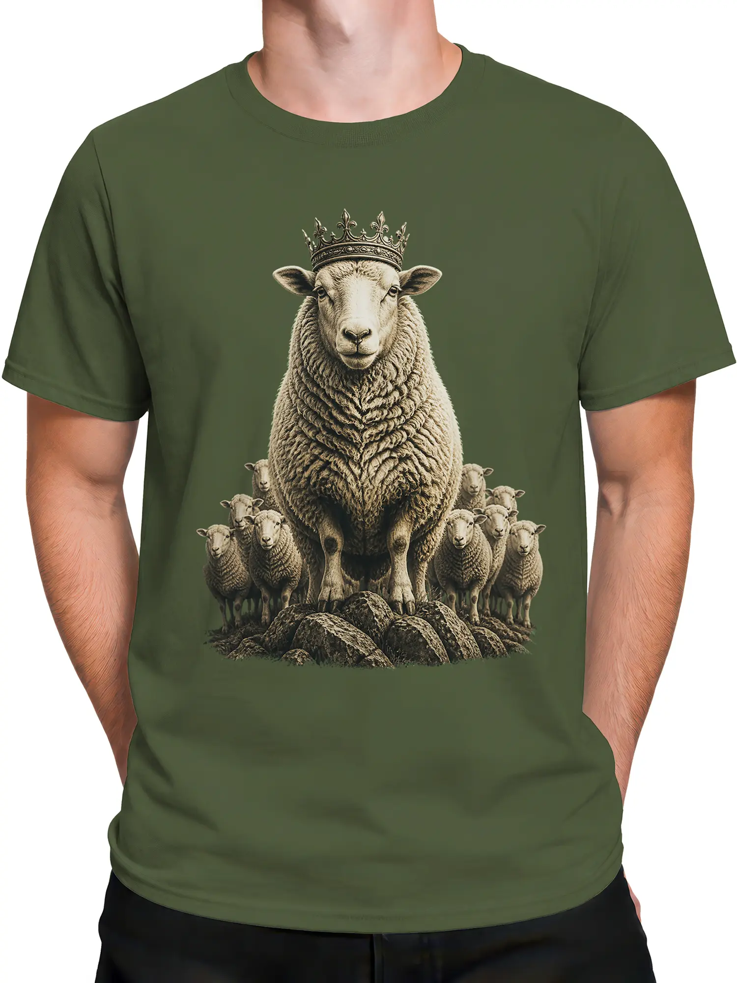 Male torso wearing a muted green T-shirt with a detailed crowned sheep flock graphic